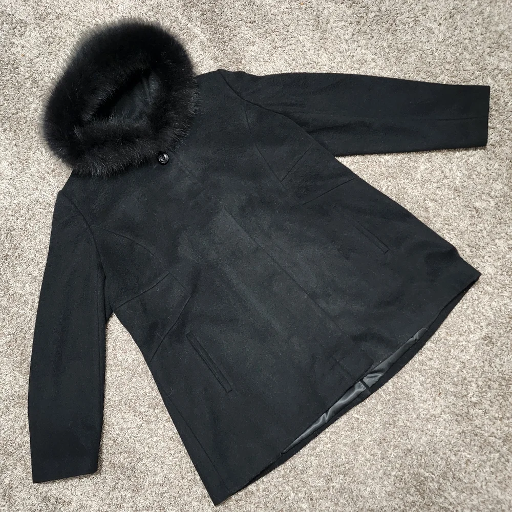 SACHI Lambs Wool REAL FINNISH FOX FUR Trimmed Collar Formal Winter Coat 1X - Picture 2 of 9